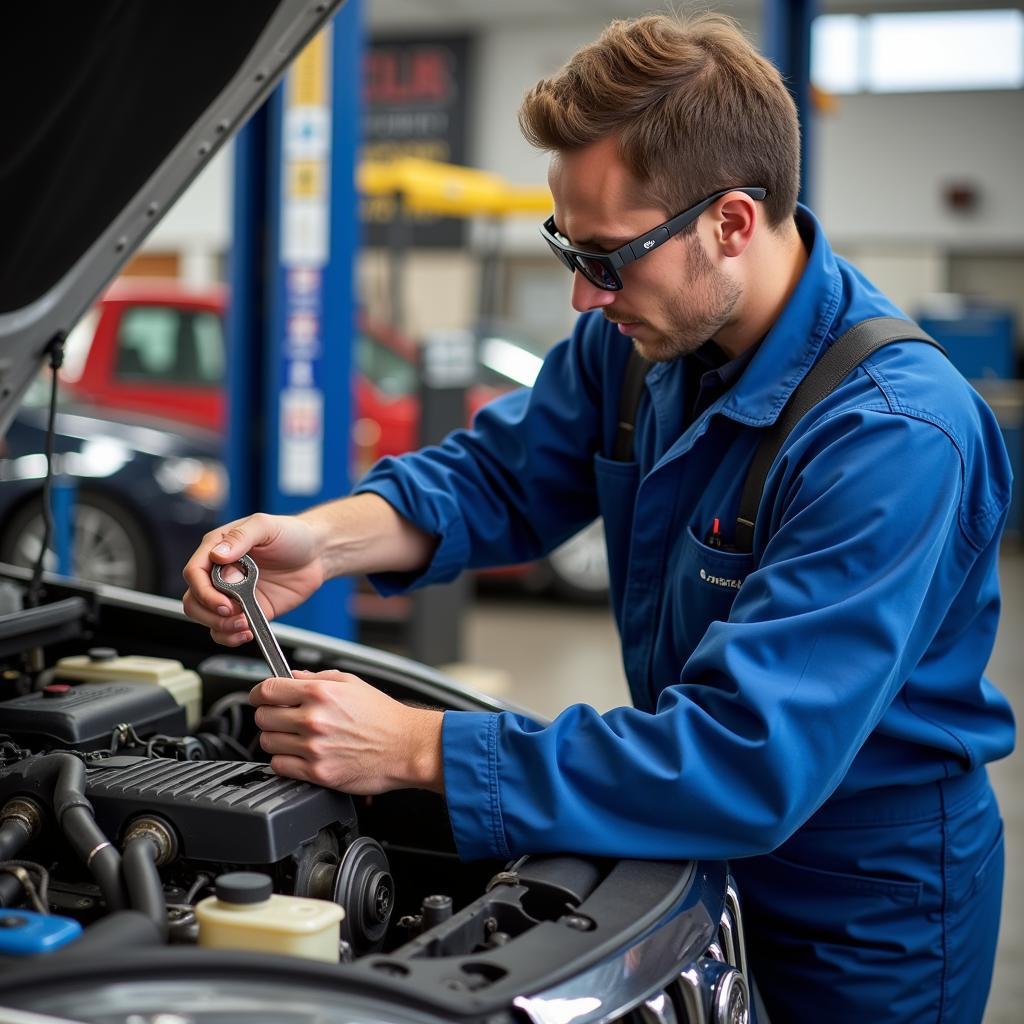 Mechanic working on a car engine in an Annapolis auto shop