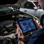 Mechanic using diagnostic tools on a car engine