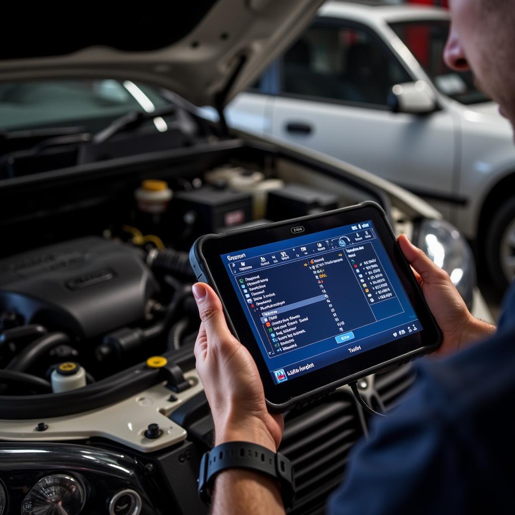 Mechanic using diagnostic tools on a car engine