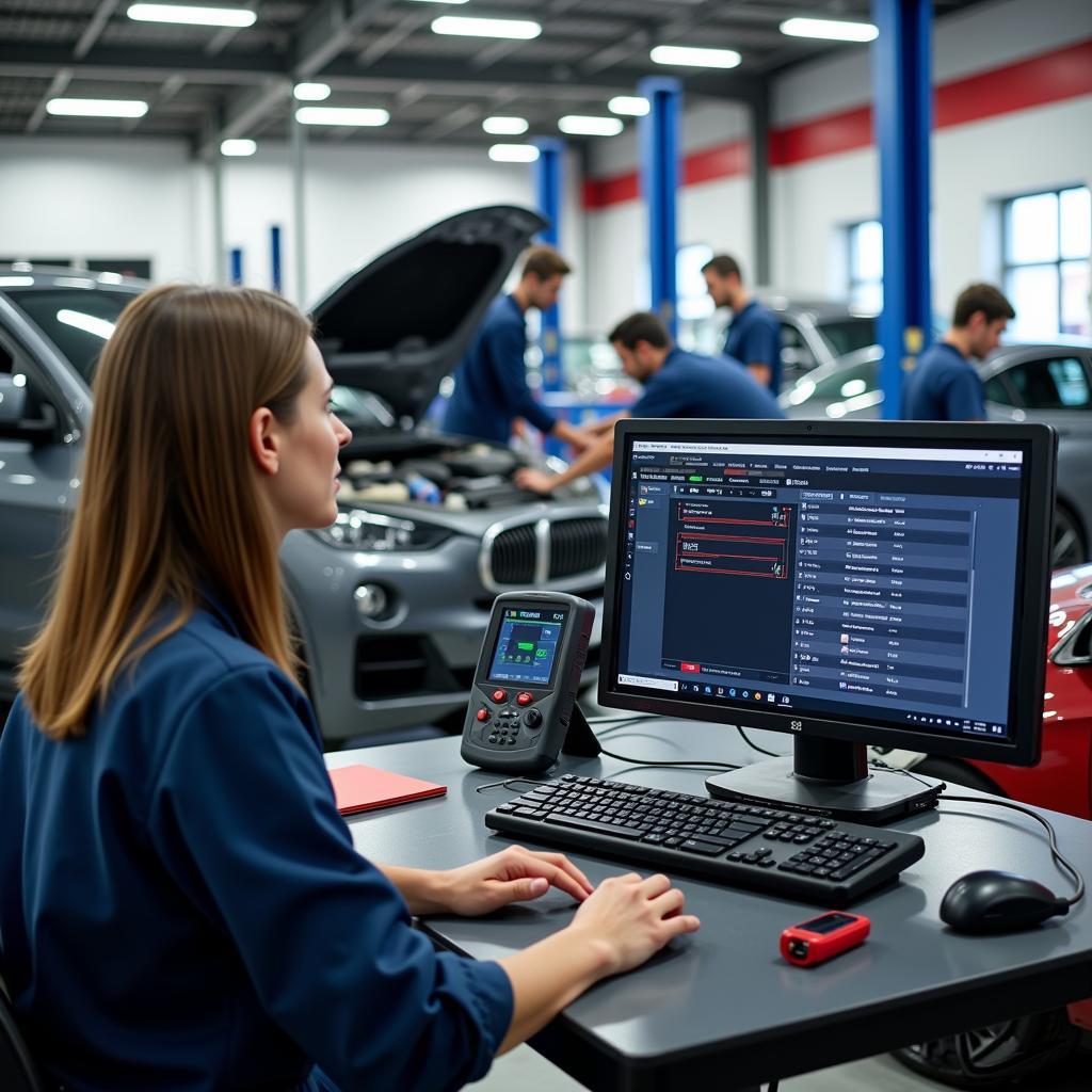 Modern and well-equipped auto repair shop with certified technicians working on a vehicle