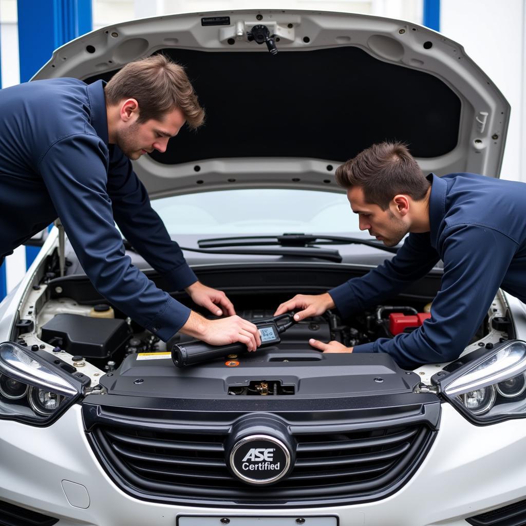 ASE Certified Technicians Working on a Car