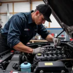 Adrian's Auto Service mechanic working on a car engine