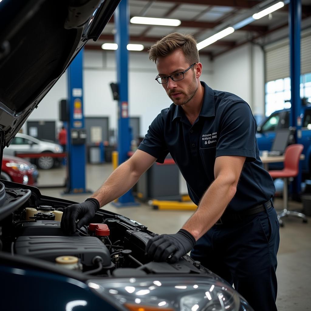 Mechanic working on a car in a Paris, Texas, auto shop