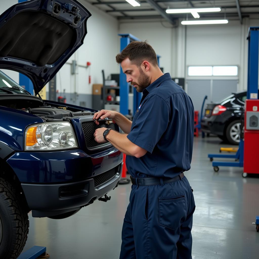 Mechanic working on a car in an affordable auto service center