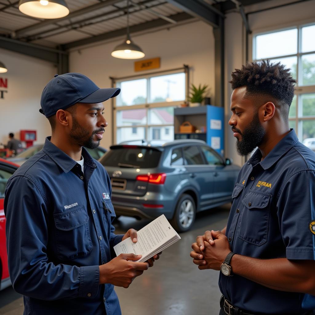 Mechanic Discussing Car Repairs with a Customer in an Irvington, NJ, African Auto Service Shop