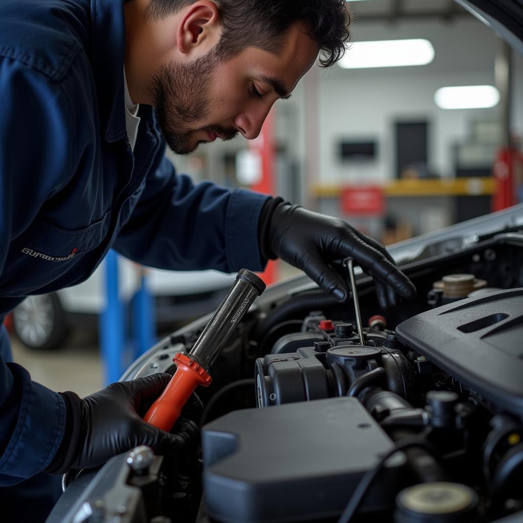 Mechanic Working on a Car at Aki Auto Service San Mateo