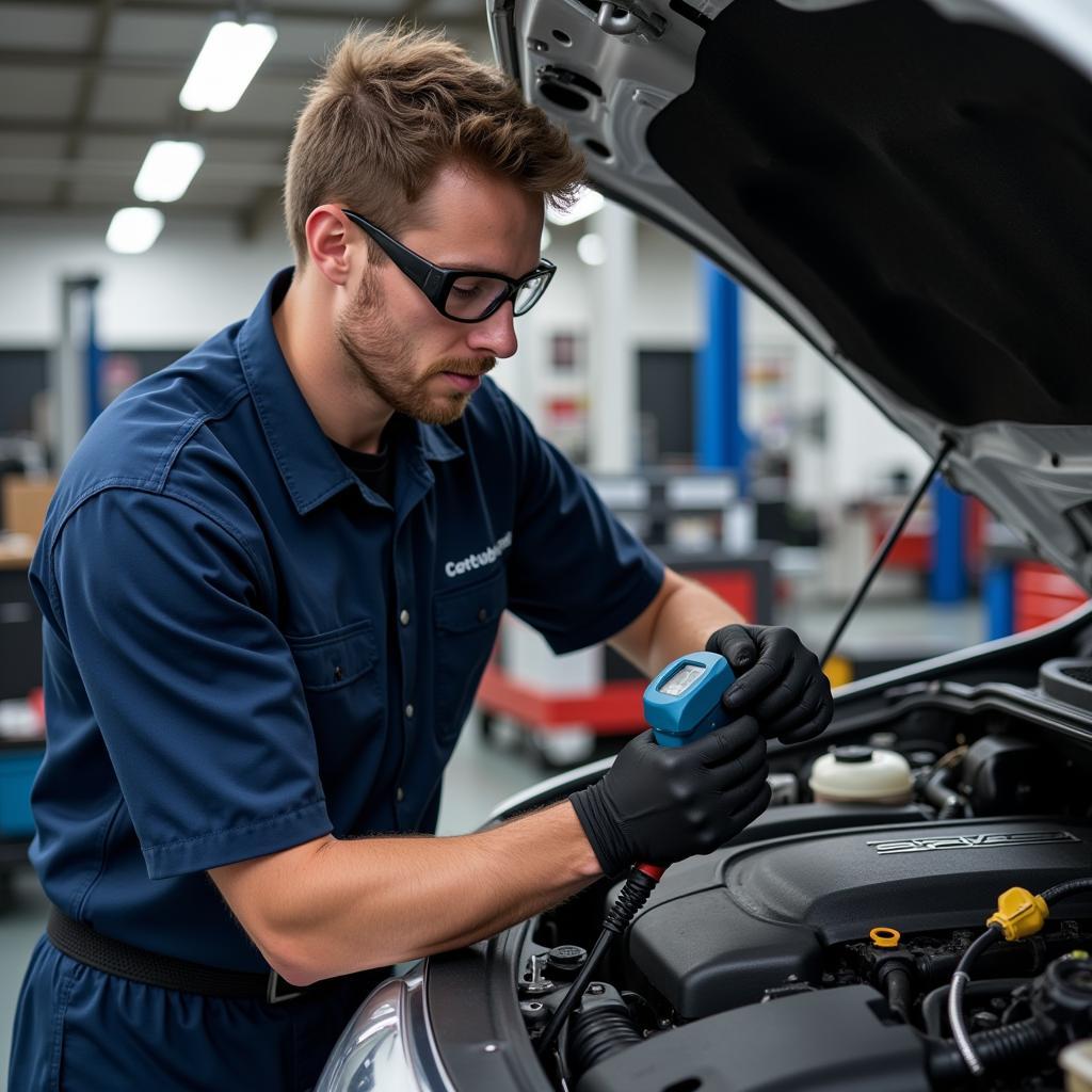 Experienced Technician Performing Diagnostics on a Car Engine