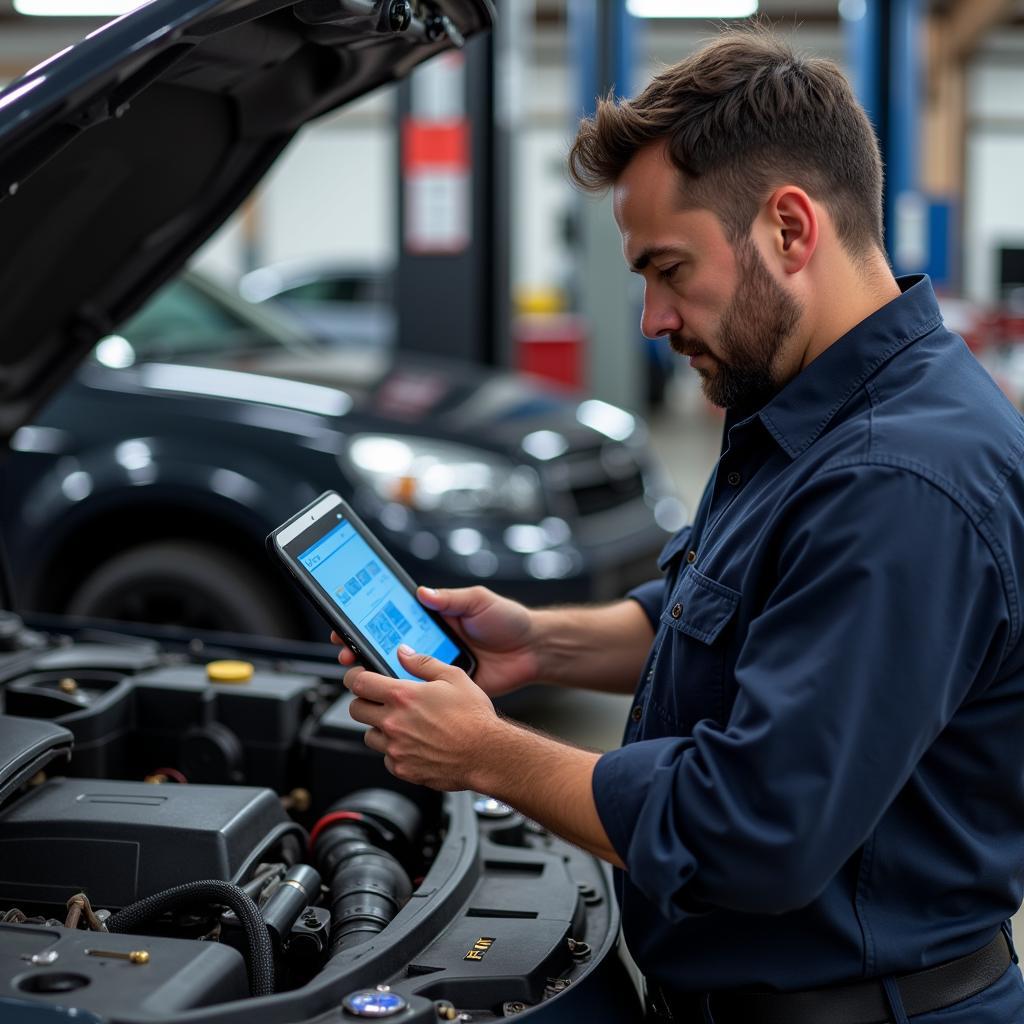 Certified Albuquerque auto mechanic checking a car engine with diagnostic tools.