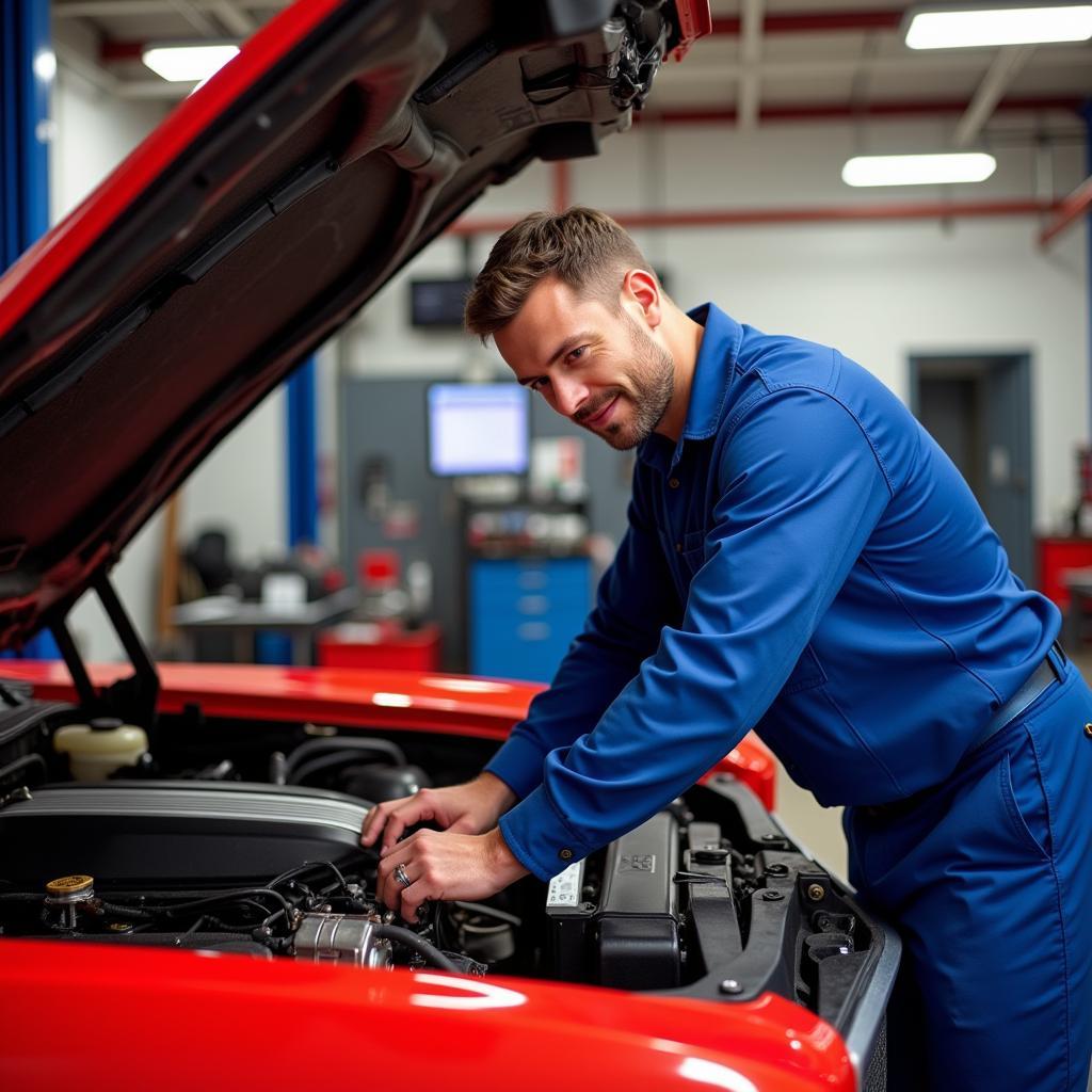 Mechanic working diligently on an American-made car in a bright, clean auto service center.