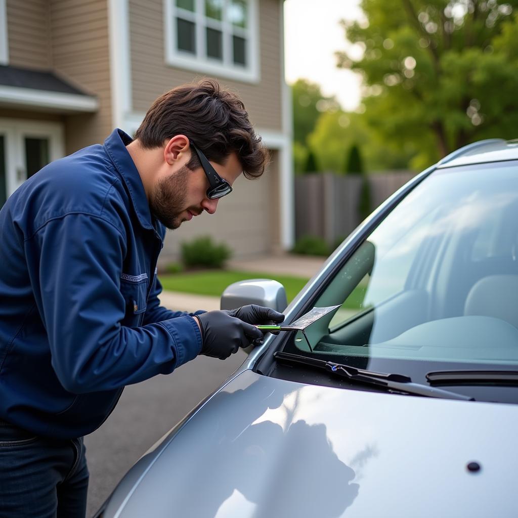 Experienced Auto Glass Technician Performing Windshield Repair in Edison, NJ