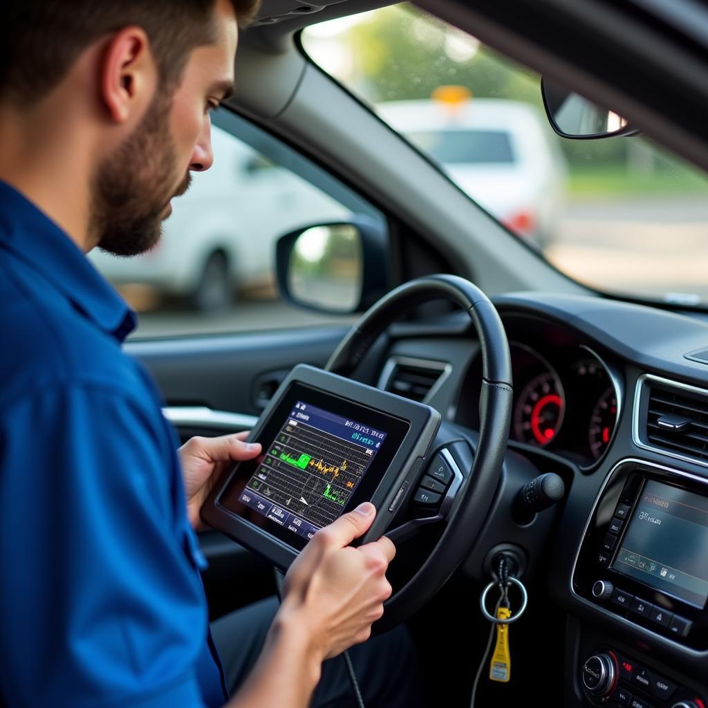 Al's Mechanic Performing Diagnostics on a Vehicle Using a Computer