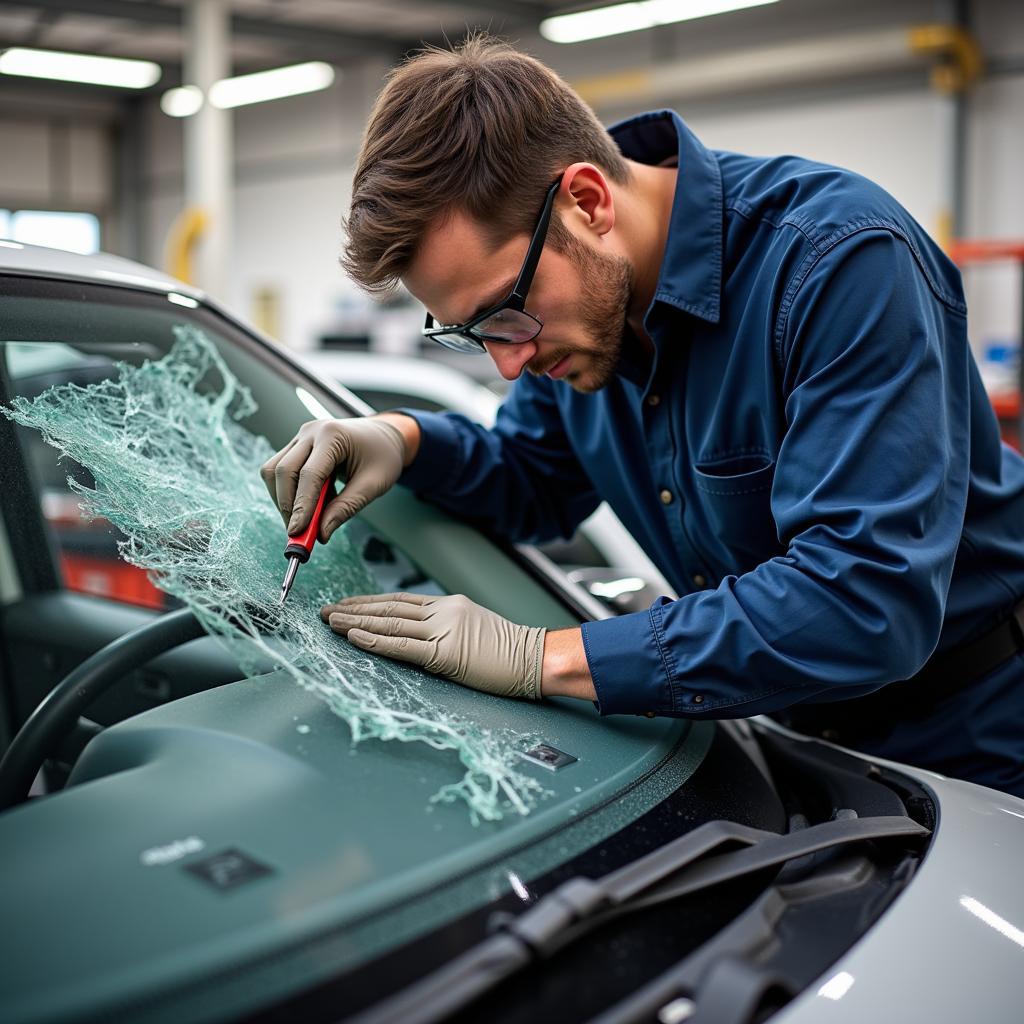 Technician repairing a windshield using specialized tools.