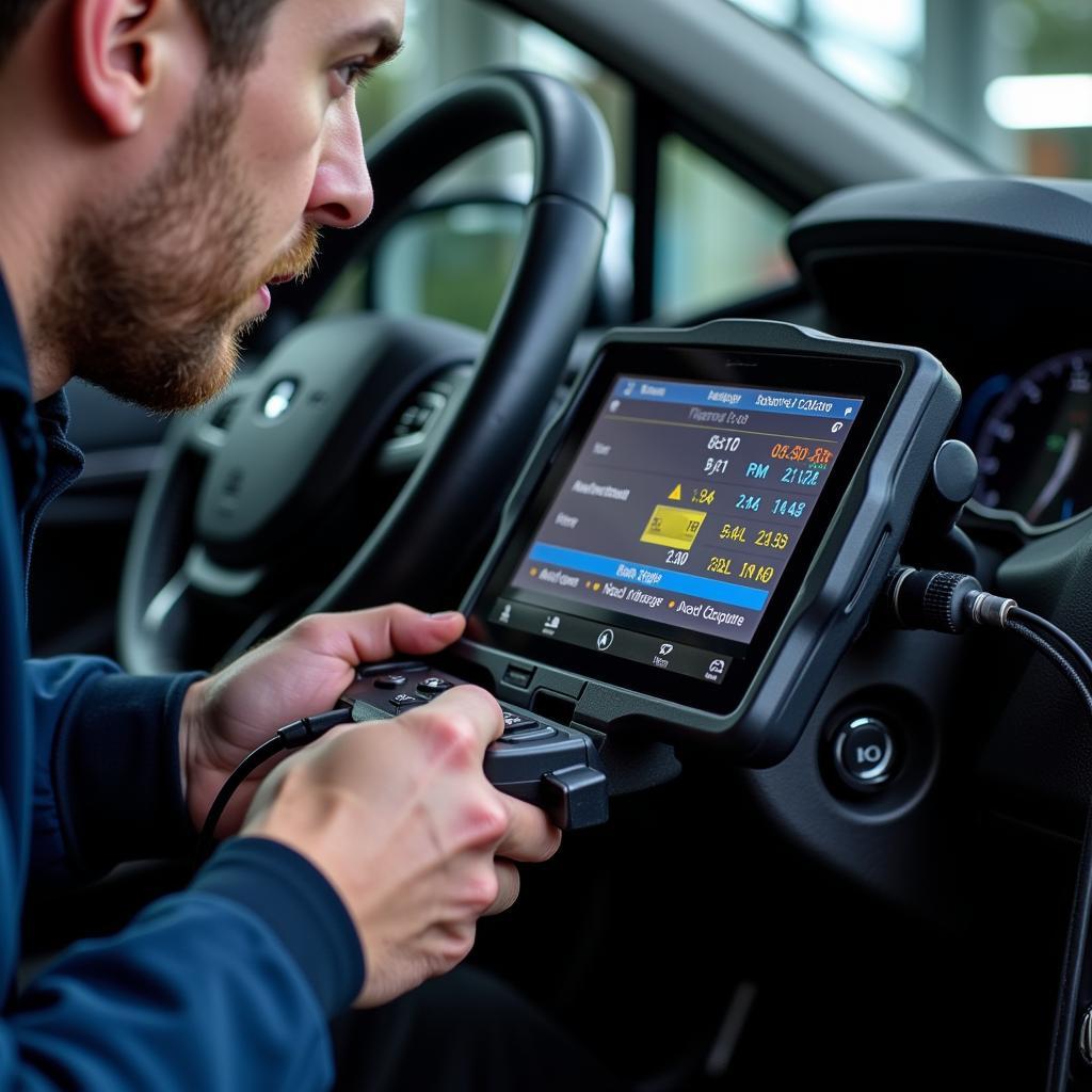 Mechanic Using Diagnostic Tool on an American Car in Berlin