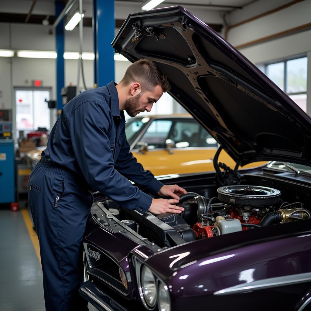 Experienced Mechanic Working on American Car Engine in Berlin Workshop