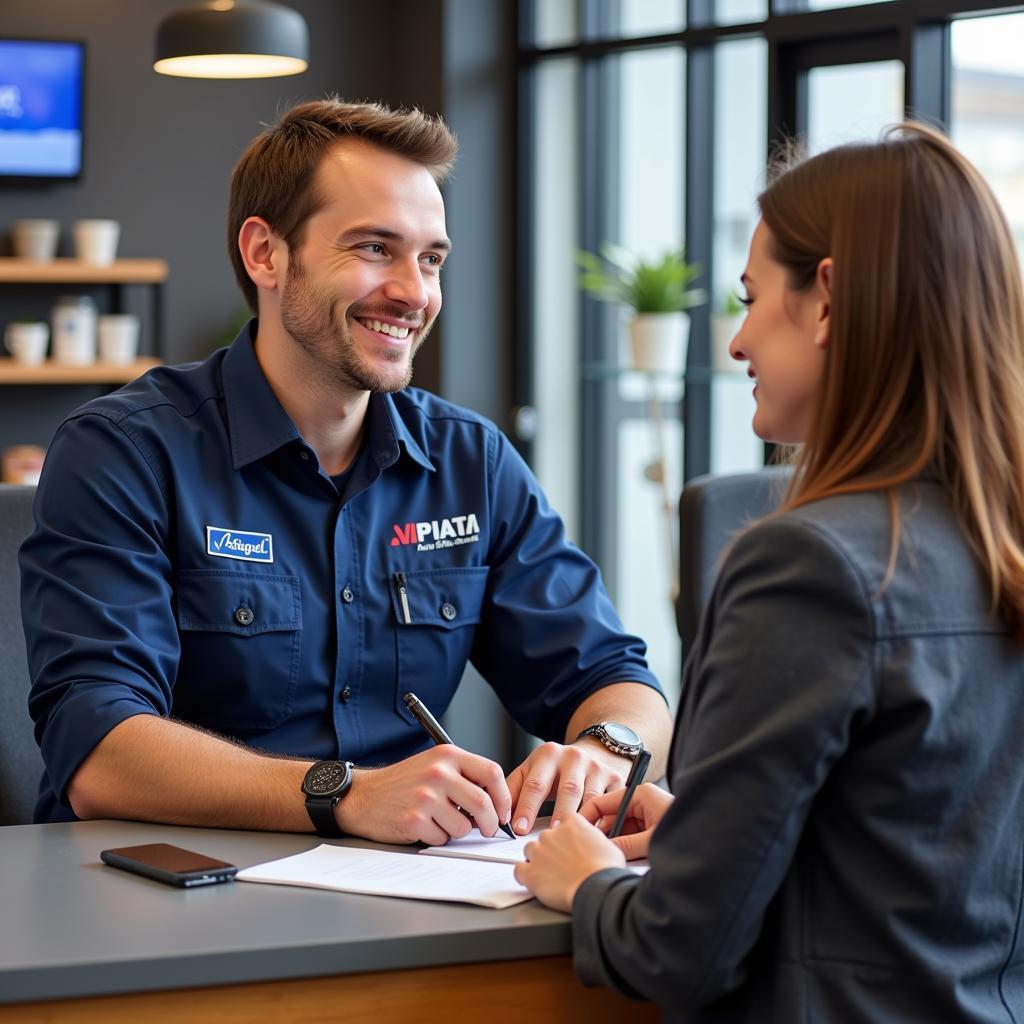 AMJ Auto Services customer service representative talking to a customer