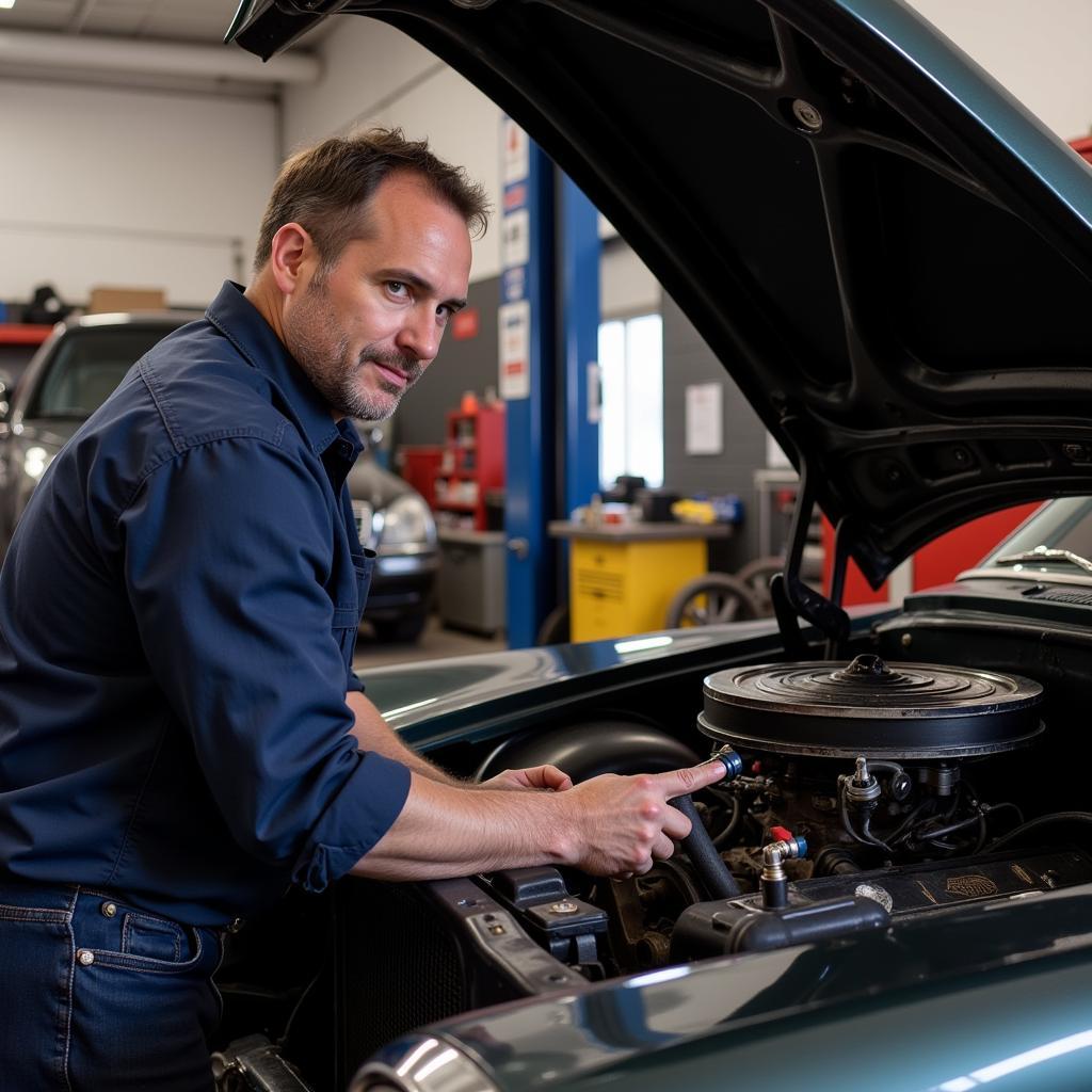 Antique Car Mechanic in Manassas Inspecting a Classic Engine