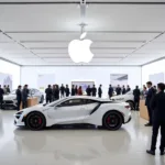 Modern and minimalist Apple auto sales and service dealership with knowledgeable staff assisting customers