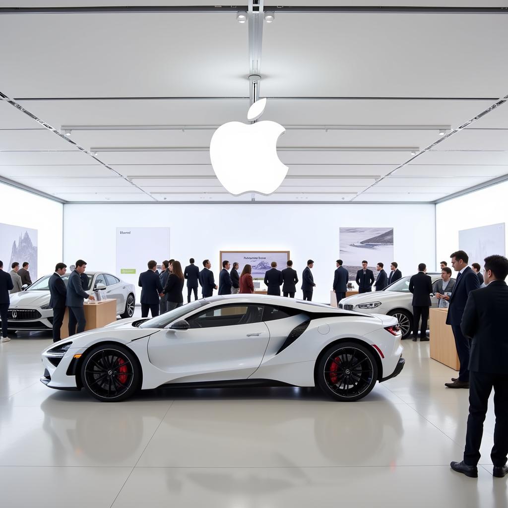 Modern and minimalist Apple auto sales and service dealership with knowledgeable staff assisting customers