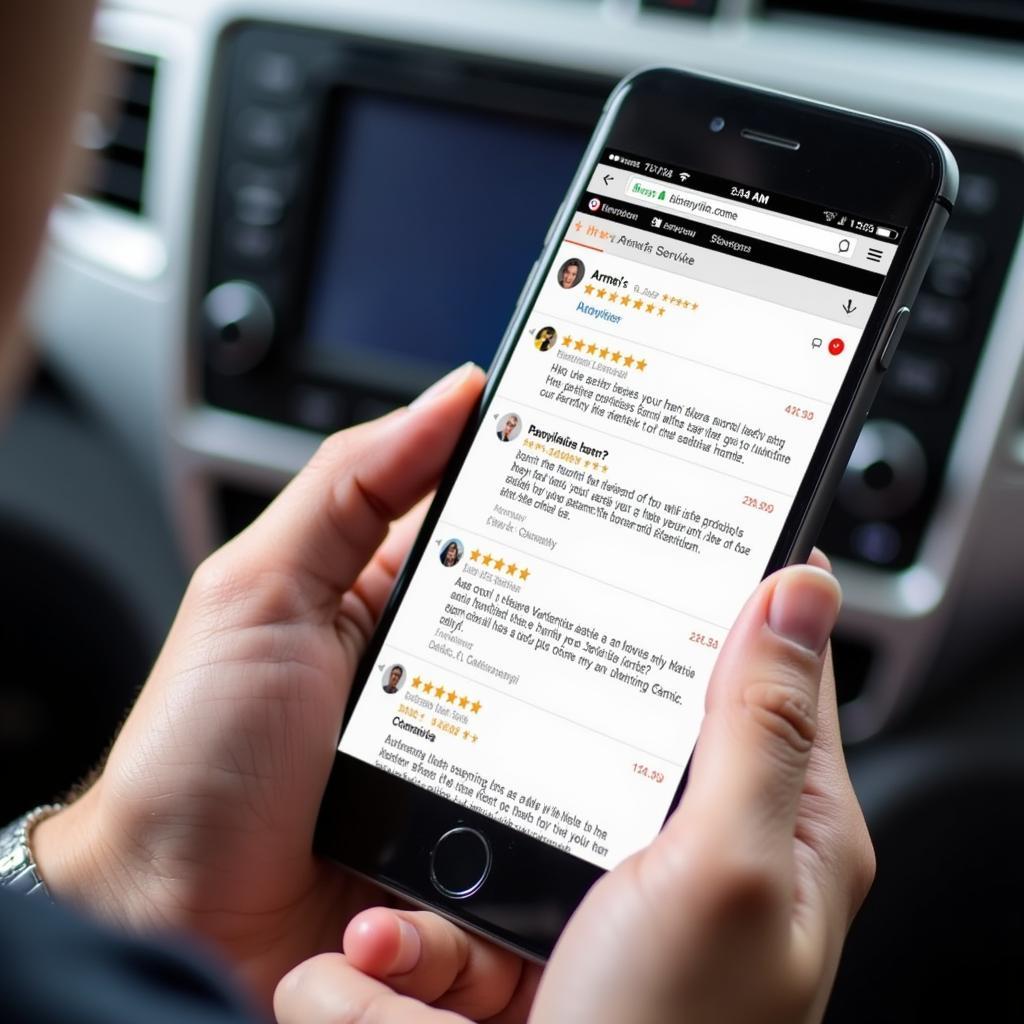 Arne's Auto Service Reviews: A customer reading reviews on their phone.