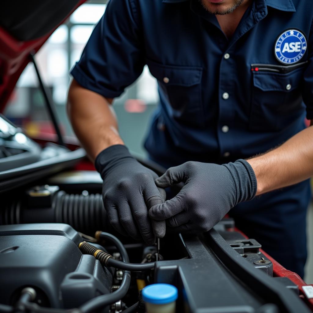 An ASE-certified mechanic working on a car engine in Georgetown, TX.