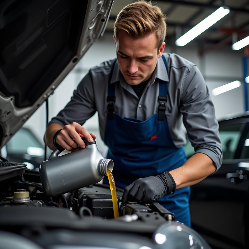 Asheville Auto Service Technician Performing Oil Change