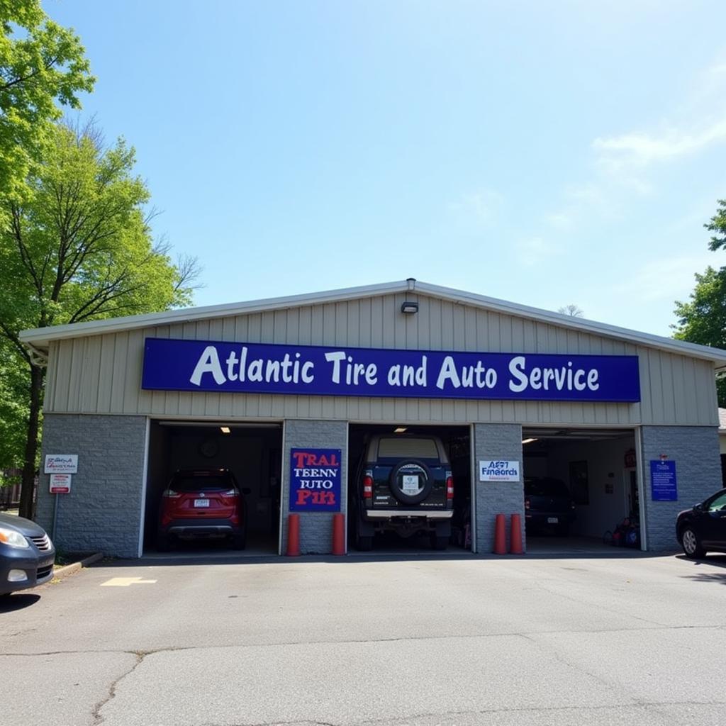 Exterior view of the Atlantic Tire and Auto Service building in Fairfax, showing the signage, parking lot, and overall appearance.