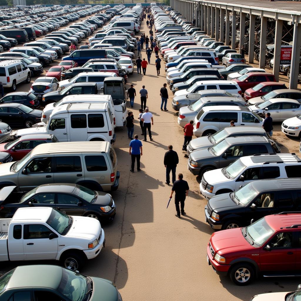 A bustling self-service auto parts yard in Austin, Texas, with customers searching for parts.