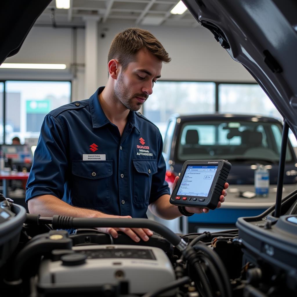 Technician working on a Suzuki engine in an authorized service center