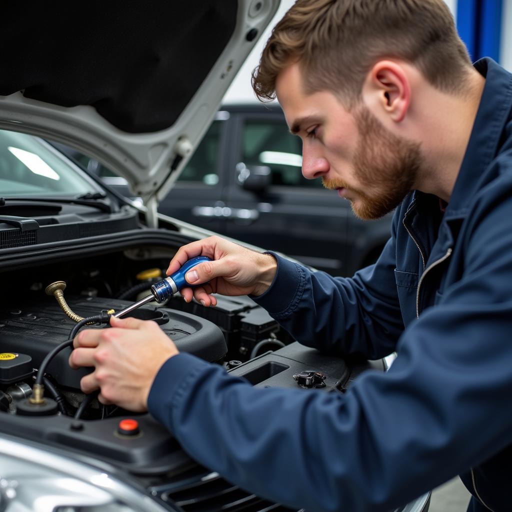 Technician servicing a car's AC system