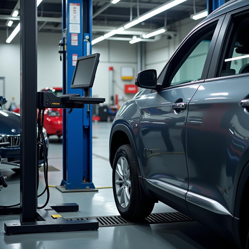 Modern auto alignment equipment in a service bay