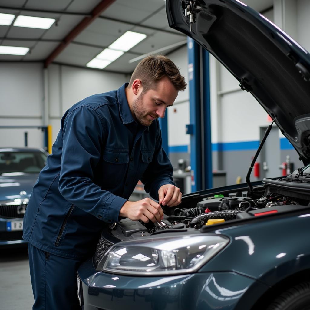 Mechanic Working on a Car in a Szczecin Auto Service Garage