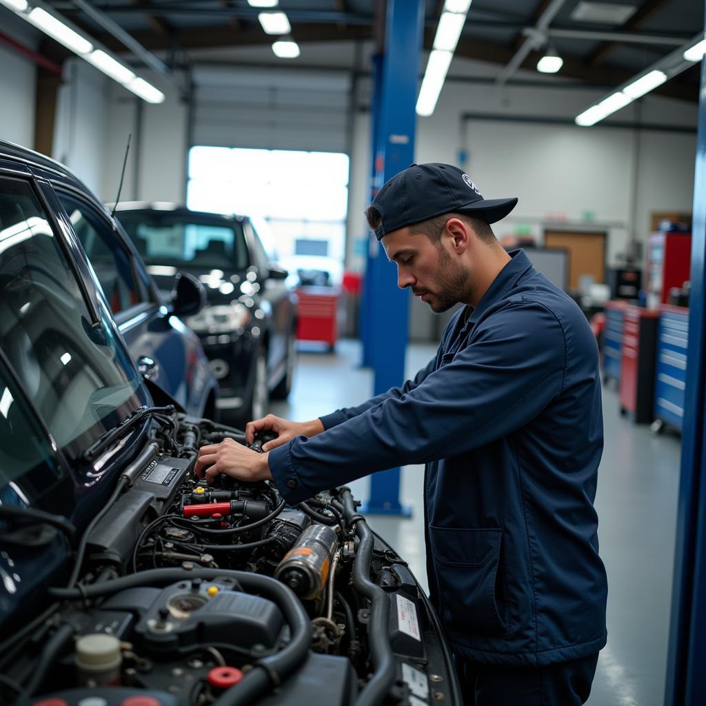 Mechanic Working in a Bright and Clean Auto Center Service Bay