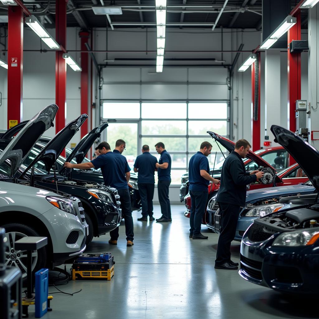 Modern Auto Center Service Bay with Mechanics Working on Vehicles