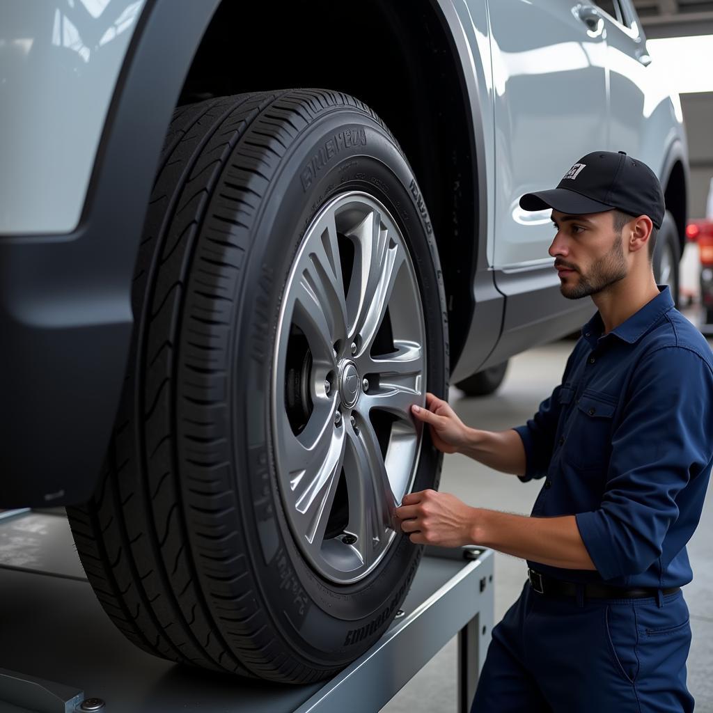 Technician Balancing Tires in an Auto Center