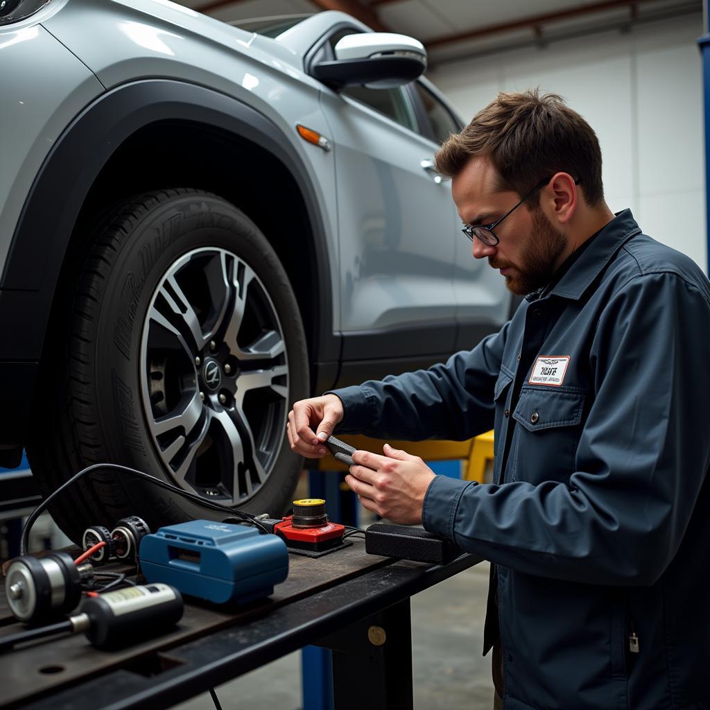 A mechanic performing a thorough pre-purchase inspection on a used car, checking the engine, brakes, and other vital components.