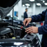 Technician working on a car in a modern auto dealer service center