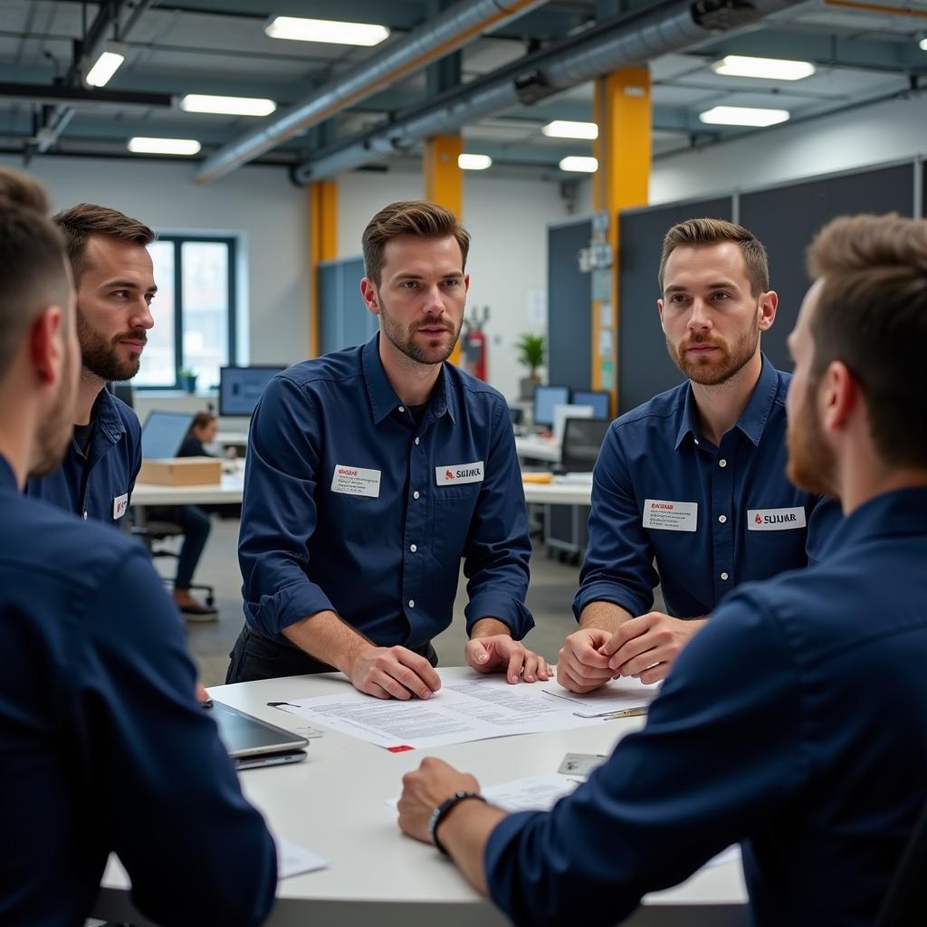 Service manager conducting a team meeting with technicians