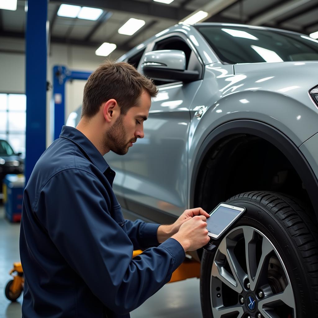 Auto Del Service Maintenance: A car being serviced in a professional garage with a mechanic performing a routine check-up.