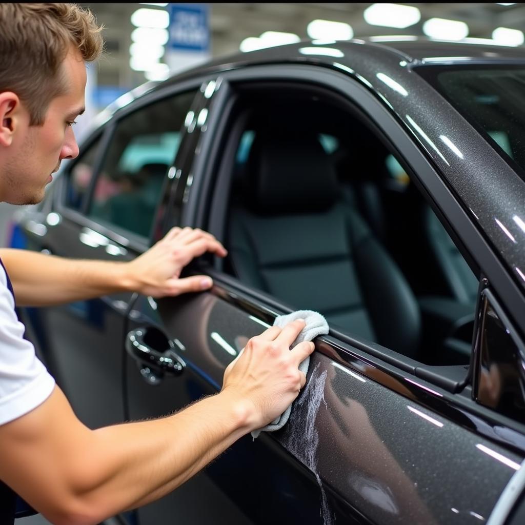 Auto Detailing for Expo: A car undergoing detailing, including washing, waxing, and interior cleaning, to prepare for an auto expo.