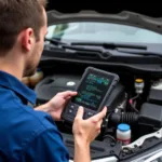 Mechanic using a diagnostic scan tool on a car engine