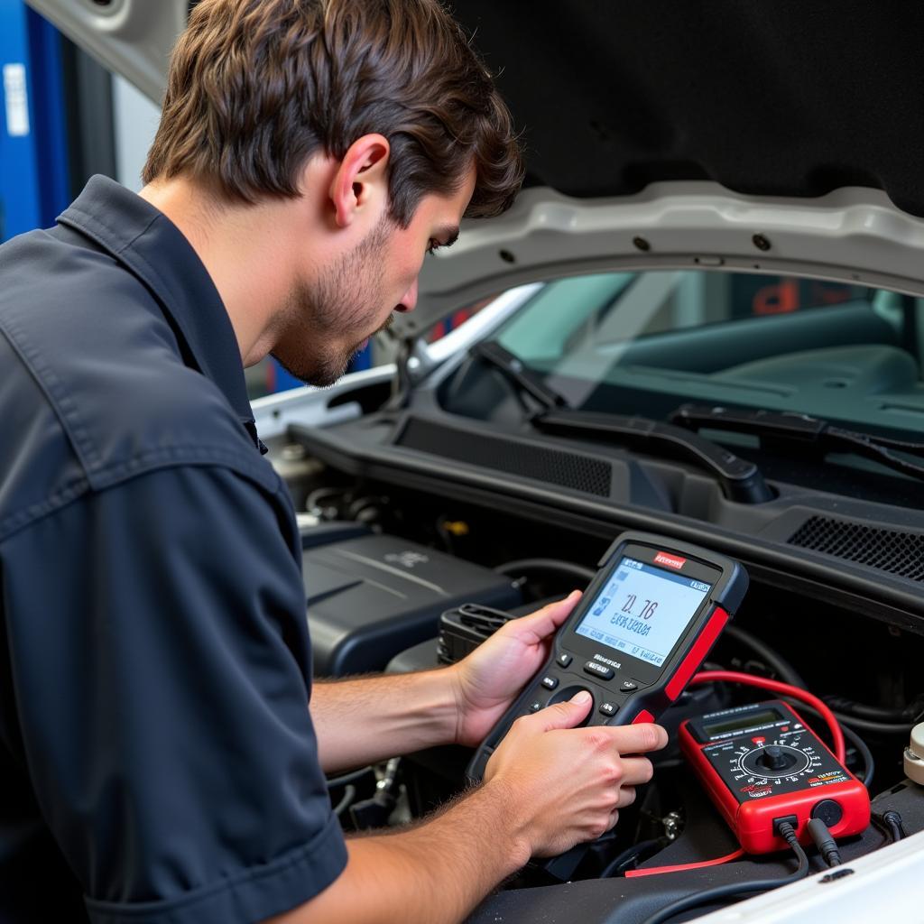 Mechanic Using Auto Diagnostic Tools