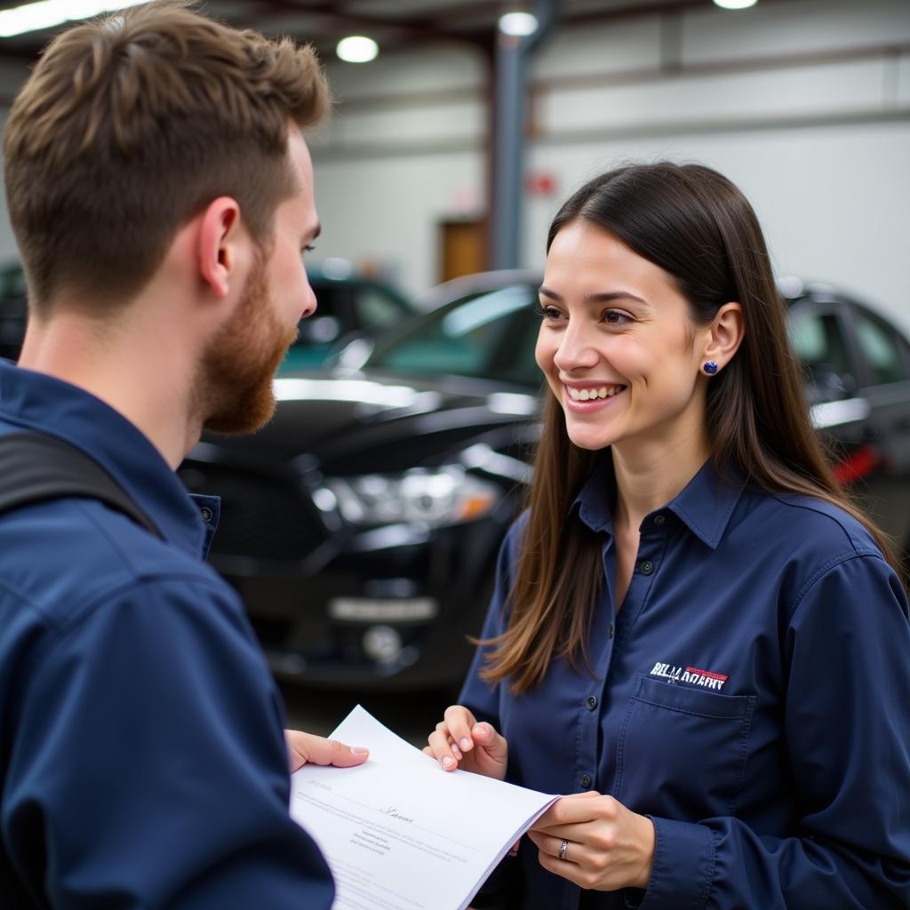 A customer service representative at an auto repair shop in Les Pennes Mirabeau is talking to a customer.