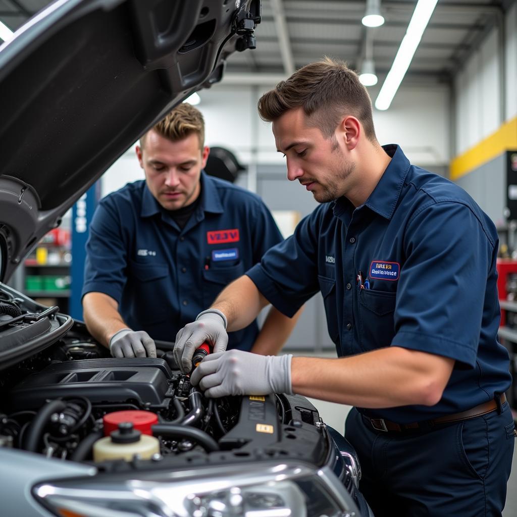 ASE Certified Technicians Working on a Car Engine