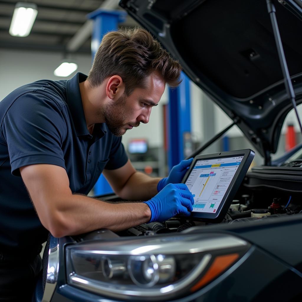 Auto Expert Performing a Diagnostic Check on a Vehicle