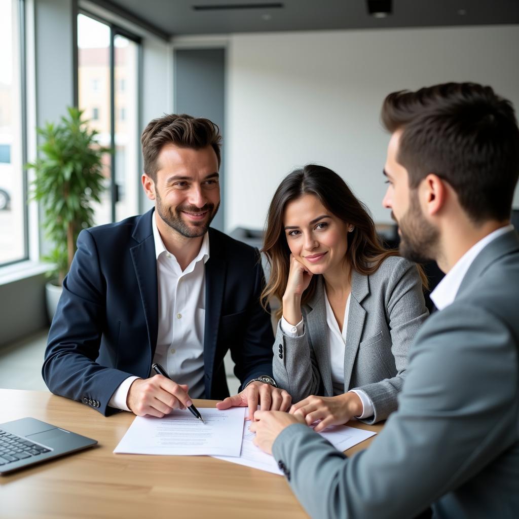 Couple consulting with a finance specialist at an auto finance service center