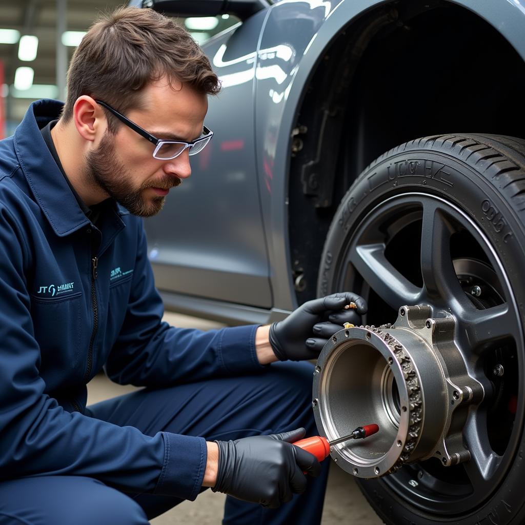 Technician inspecting a car gearbox in a Preston auto repair shop