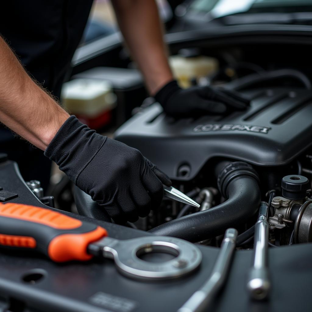 Auto general service technician meticulously inspecting a vehicle's engine components.