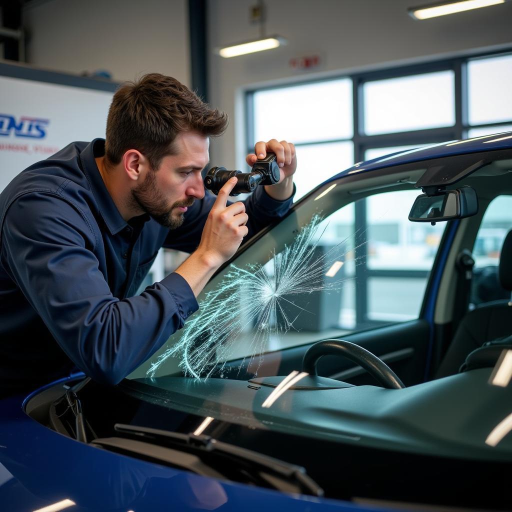 Auto Glass Inspector Performing a Thorough Vehicle Inspection