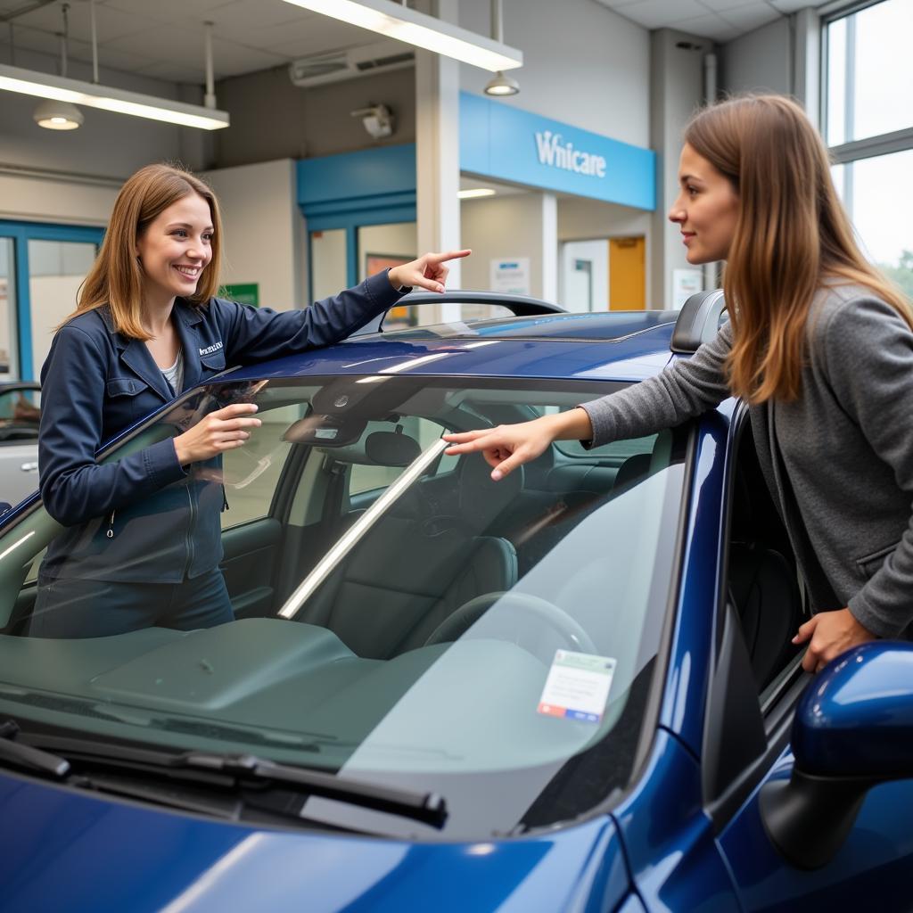 Customer interacting with auto glass repair service representative