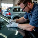 Skilled technician repairing a windshield chip in Dallas